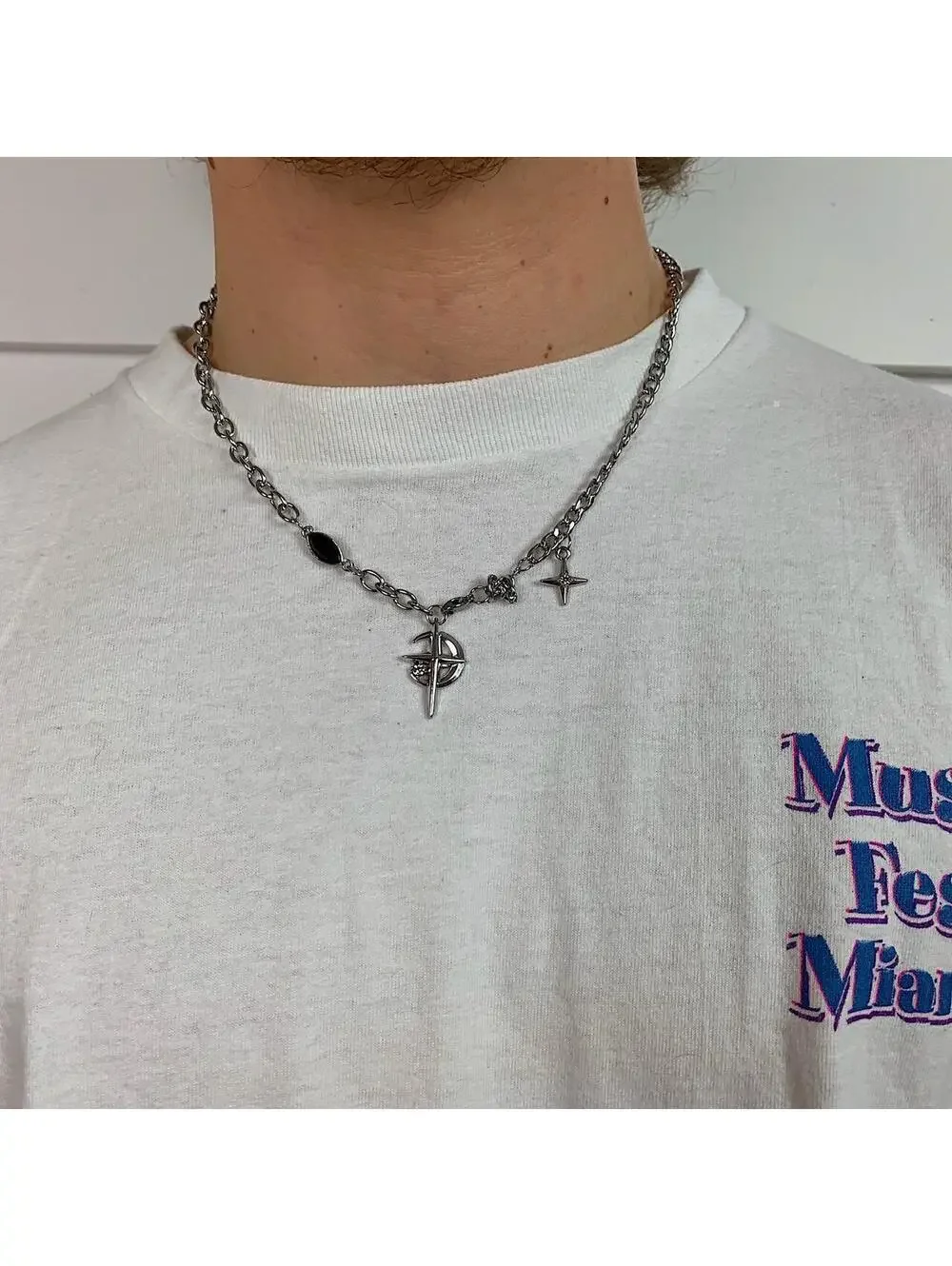 Y2k Cyber 2000s punk grunge crystal cross and opal pendant necklace chain. 20